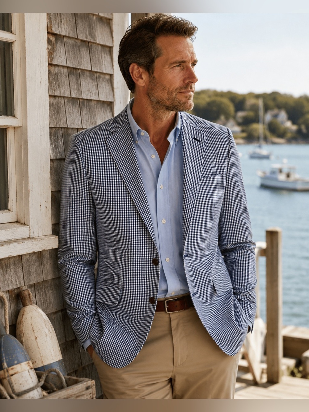 Orvis Mens Sport Coat Jacket 38R Navy Blue Beige Gingham Cotton Blend Two Button